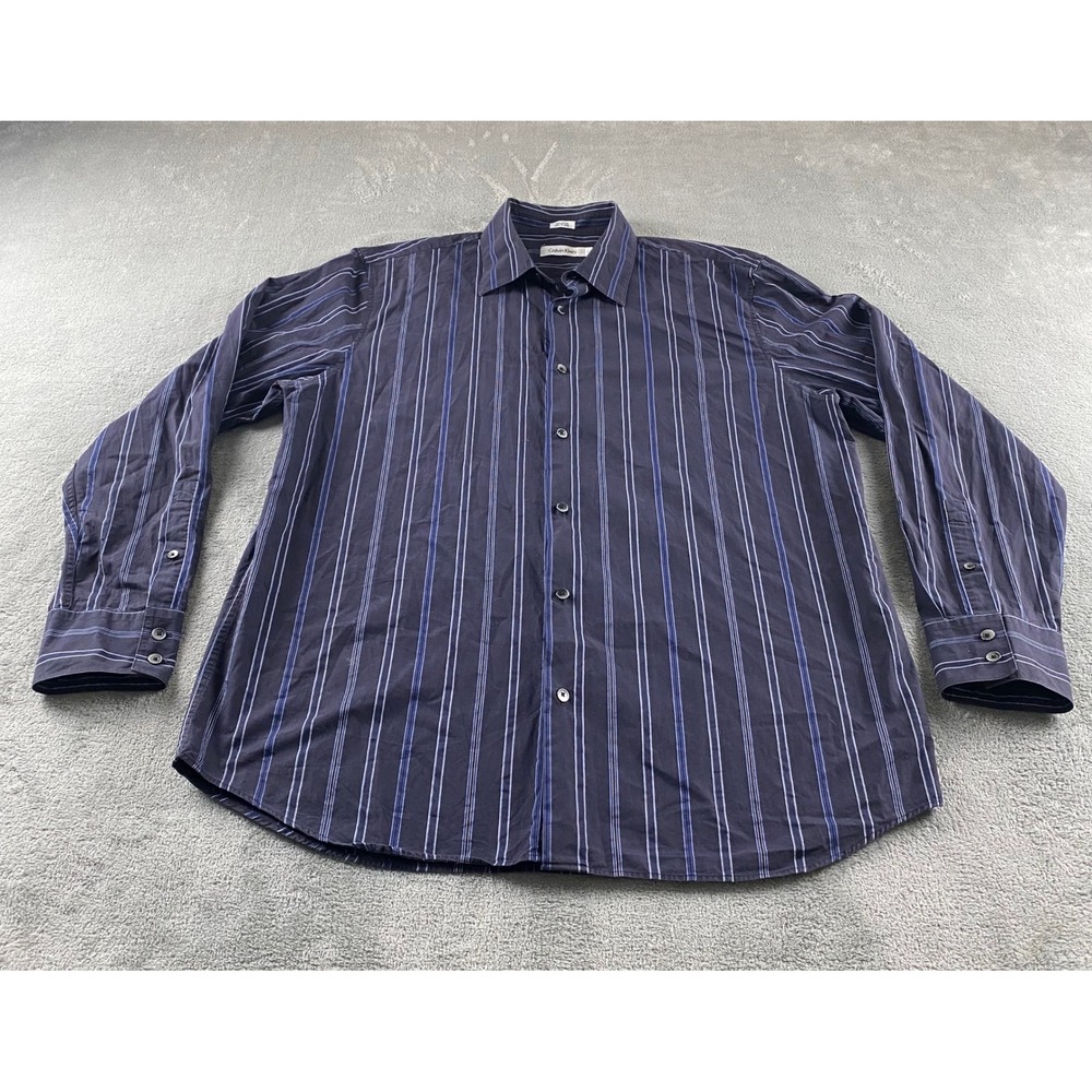 Calvin Klein Mens‎ Blue Striped Cotton Long Sleeve Button Down Shirt Size L